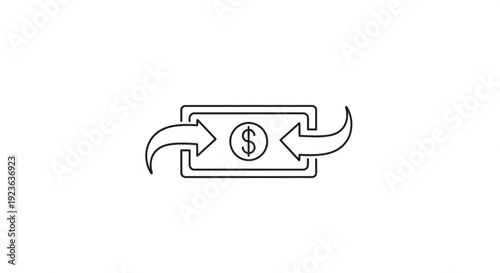 Exchange of money illustrated with a simple line drawing of a bill with dollar sign and double-sided arrow