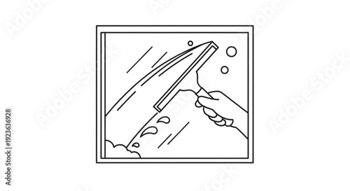 Cleaning a windshield with a squeegee and soap bubbles on a vehicle, simple line illustration