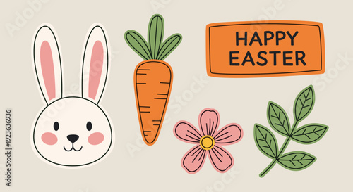A cute Easter bunny with a carrot, flower, and leaves in colorful flat vector style, perfect for holiday decorations