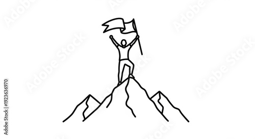 A triumphant figure stands on a mountain peak, celebrating success with raised arms and a flag, vector illustration of achievement.