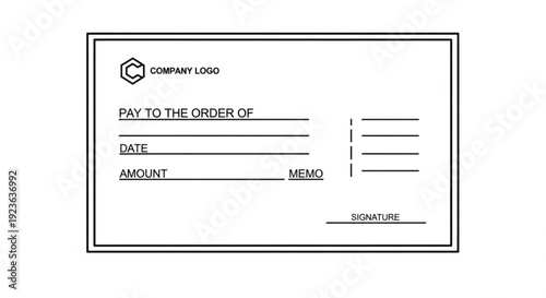 A blank business check template with fields for payment details
