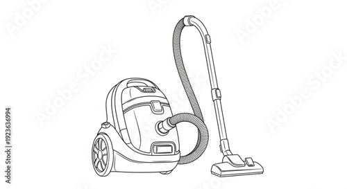A detailed illustration of a vacuum cleaner and its accompanying hose and nozzle on a plain white background from a frontal viewpoint.