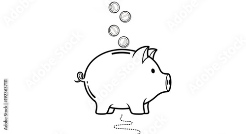 Coins being inserted into a piggy bank illustration from a side view