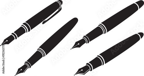 Black Fountain Pens on White Background Illustration Set