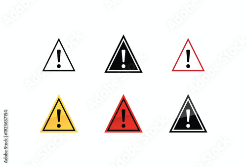 Exclamation mark warning sign icon set in triangle frames with flat and glossy styles on white background