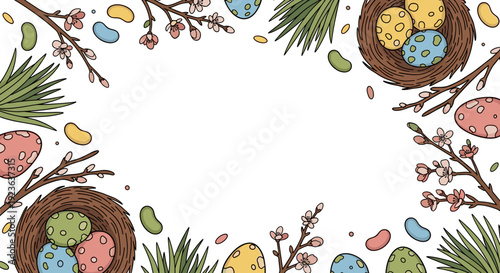 A decorative illustration of a bird's nest with colorful eggs surrounded by spring flowers and leaves in a whimsical vector style, ideal for Easter celebrations and seasonal designs