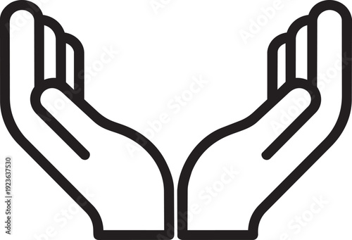 two human hands gently cupped together as if holding water or protecting something fragile in clean black outline design