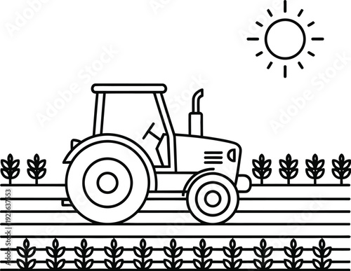 A modern line art illustration showcases a farm tractor working in a cultivated field with rows of growing crops under the bright sun, symbolizing agriculture and rural life.