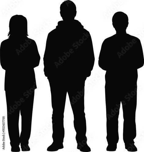 People silhouette group standing together casual lifestyle unity confidence isolated black illustration white background
