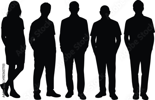 People silhouette group standing together diversity unity teamwork urban lifestyle isolated black illustration