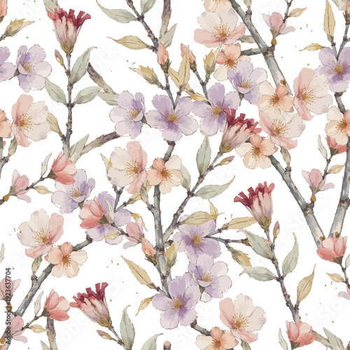 Spring Sakura Watercolor Pastel Colored Flower Background. Floral Spring Vector Seamless Pattern. Delicate Botanical Texture.