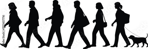 People walking in line silhouette with dog commuter group isolated on white background