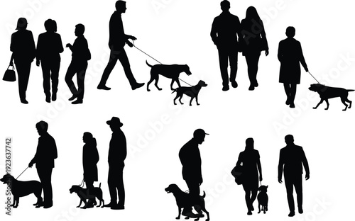 People walking dogs silhouette set urban lifestyle daily activity pets owners isolated black illustration
