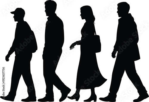 People walking silhouette group urban lifestyle movement daily activity isolated black illustration white background