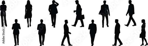 People, silhouettes, walking, standing, business, lifestyle, diverse, men, women, professionals, movement, urban, individuals, modern, social, isolated, vector, design, flat, illustration