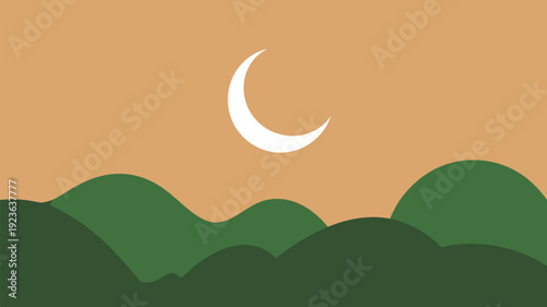 A tranquil illustration featuring a white crescent moon floating above vibrant green rolling hills, set against a warm orange-yellow dusk sky.