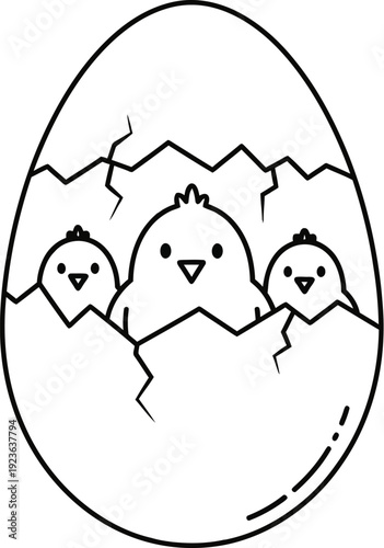 Adorable cartoon illustration depicting three fluffy baby chicks newly hatched and emerging from a cracked open eggshell on a pale background