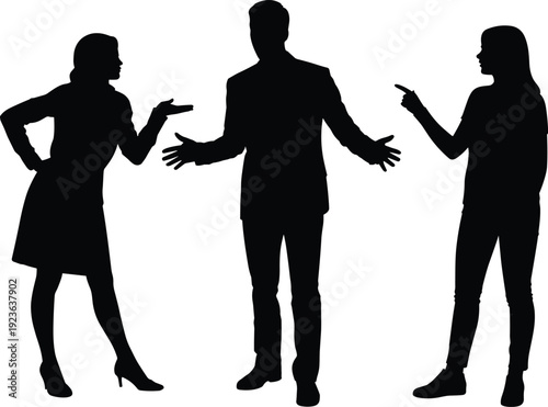 Silhouette of Man Mediating Argument Between Two Women in Conflict Discussion Concept Scene
