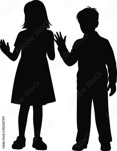 Silhouette of Little Boy and Girl Waving Hands Childhood Friendship Concept Illustration