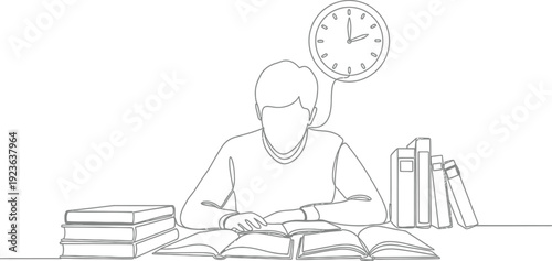 Continuous line drawing depicts a focused student diligently studying textbooks while being mindful of the passing time indicated by an overhead clock illustration