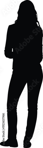 Single woman silhouette standing pose, casual female figure black and white minimalist vector illustration