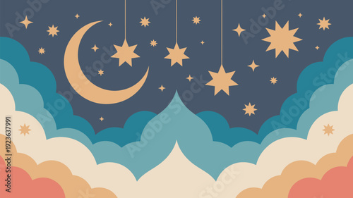 A serene night sky features a golden crescent moon and stars above mosque domes and abstract clouds.