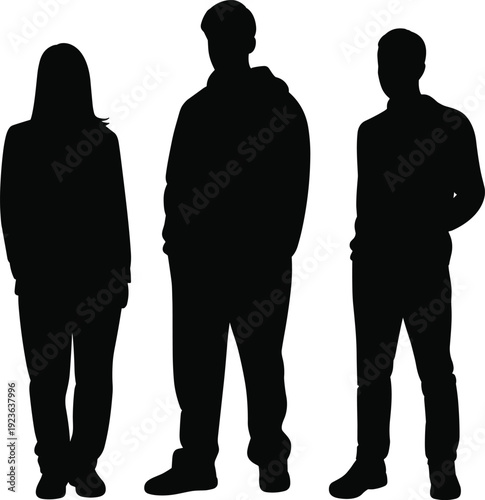 Three people silhouette standing together casual clothing modern lifestyle isolated black figures on white background