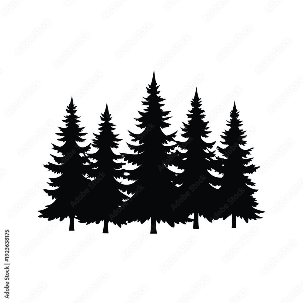 Fototapeta premium pine tree forest silhouette vector illustration, Silhouette of a group of pine trees in a forest, nature scenery, vector illustration