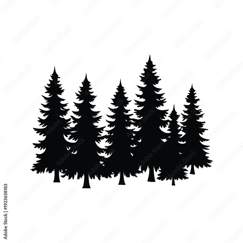 Obraz premium pine tree forest silhouette vector illustration, Forest scene with tall pine trees in a natural setting silhouette vector illustration