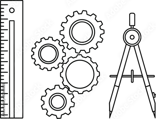 Simple line art illustration showcasing essential engineering tools including a precise measuring ruler interlocking gears and a professional drafting compass for design work