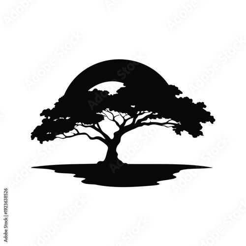 tree and sun setting over water silhouette vector illustration, Silhouette of a majestic tree under a full moon, vector illustration design