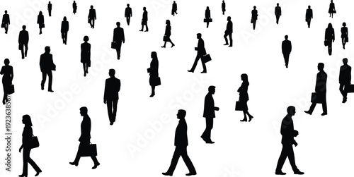 Business people silhouettes walking with briefcases, crowd of corporate professionals isolated on white background, black human figures urban workforce concept