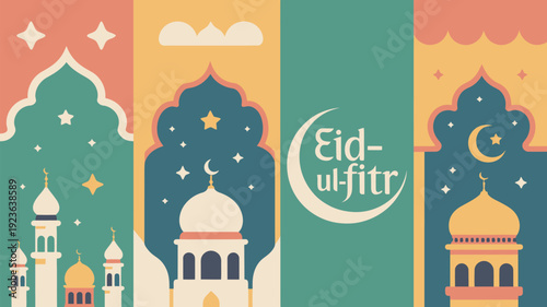 A colorful illustration of mosques and crescent moons celebrating Eid-ul-fitr