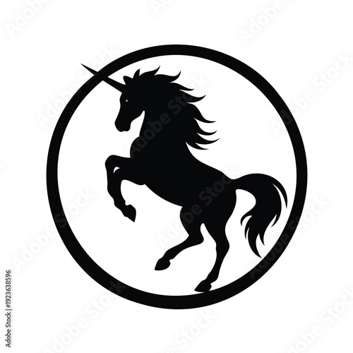 unicorn in magical circle silhouette vector illustration, Mythical unicorn standing on hind legs with horn, elegant silhouette vector illustration