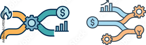 Graphic illustrates the connection between energy production, financial growth, and industrial machinery, highlighting discussions on sustainability and efficiency strategies for future developments.