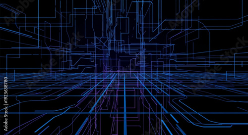 Futuristic blue neon grid lines on dark background creating a cyberpunk effect with glowing digital network pathways and futuristic technology design elements