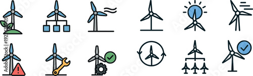 Set of icons representing key aspects of wind energy including maintenance, safety, and operational efficiency. These symbols highlight sustainability and renewable energy practices.
