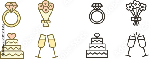 A collection of romantic symbols includes a diamond ring, bouquet of flowers, a tiered wedding cake, and champagne flutes, perfect for celebrating love and special occasions.
