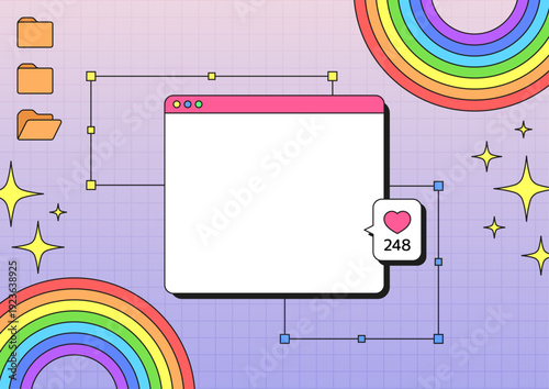 平成レトロなPCデスクトップ風のデジタルデザイン背景 パステルカラーのグリッドに虹やフォルダとウィンドウフレームを配置したSNS投稿やプロフィールに最適なY2Kベクター素材