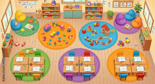 Classroom arrangement with colorful rugs, tables, and beanbag chairs for learning.