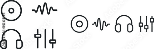 Icons depicting key music elements show a disc, sound wave, headphones, and audio sliders arranged in a clean layout, highlighting music enjoyment and production themes.