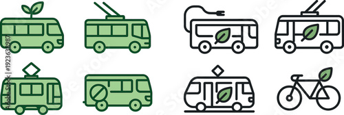 This graphic showcases four different types of eco-friendly transportation vehicles. Each vehicle features green design elements, emphasizing sustainability and environmental consciousness.