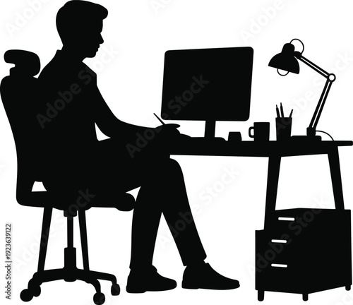 Office worker silhouette at desk, businessman using desktop computer with lamp and drawer isolated on white background professional workspace illustration