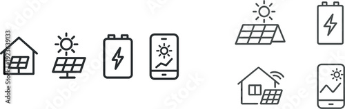 Various icons illustrate solar energy concepts, featuring a house with panels, a solar array, a battery, and a smartphone monitoring energy usage. This represents renewable energy solutions.
