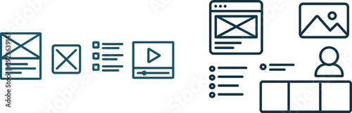 Different design elements illustrate user interface components, including layouts for text, buttons, lists, and multimedia. These visuals are ideal for web and app development projects.