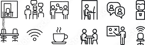 Group of professionals engaged in a brainstorming session in a modern office space. A cozy coffee area complements the work environment. Connectivity and collaboration are encouraged.