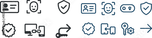 Several icons are displayed, showcasing concepts of digital security. These include user identification, facial recognition, data protection, and secure connections between devices.