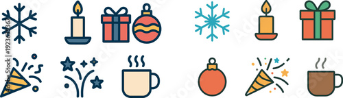 Various symbols represent winter festivities including snowflakes, candles, wrapped gifts, ornaments, and steaming mugs, creating a warm celebration atmosphere.