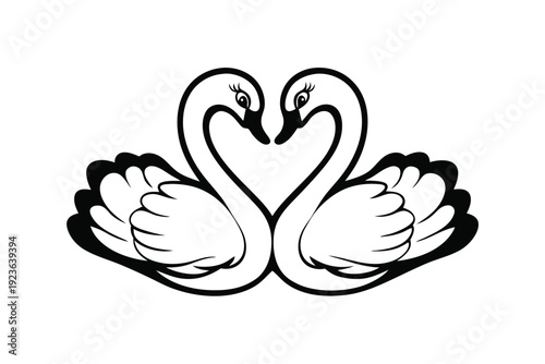 Obraz na plátně Two black outline swans gracefully curve their necks to create a heart shape