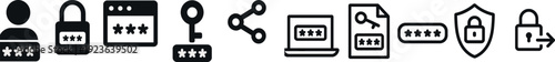 Variety of icons symbolizing online security measures, including user access, password protection, and key sharing, highlighting the significance of digital safety in everyday internet use.